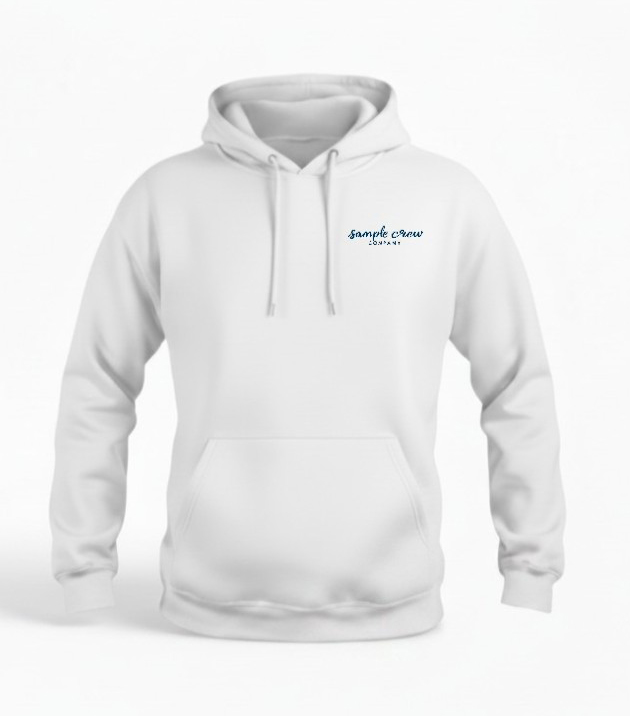 Field Hoodie — white pullover hoodie with Sample Crew Company logo