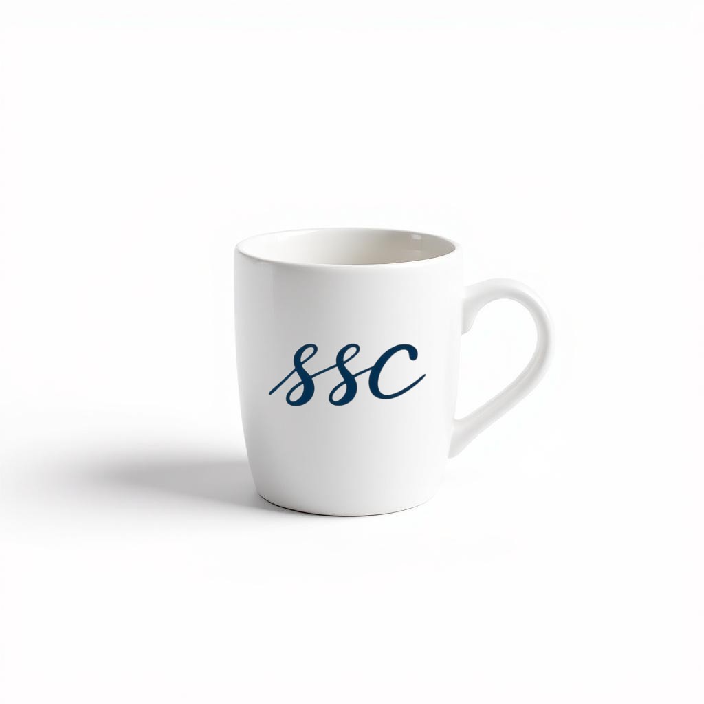 Job-Site Mug — white ceramic mug with SSC monogram