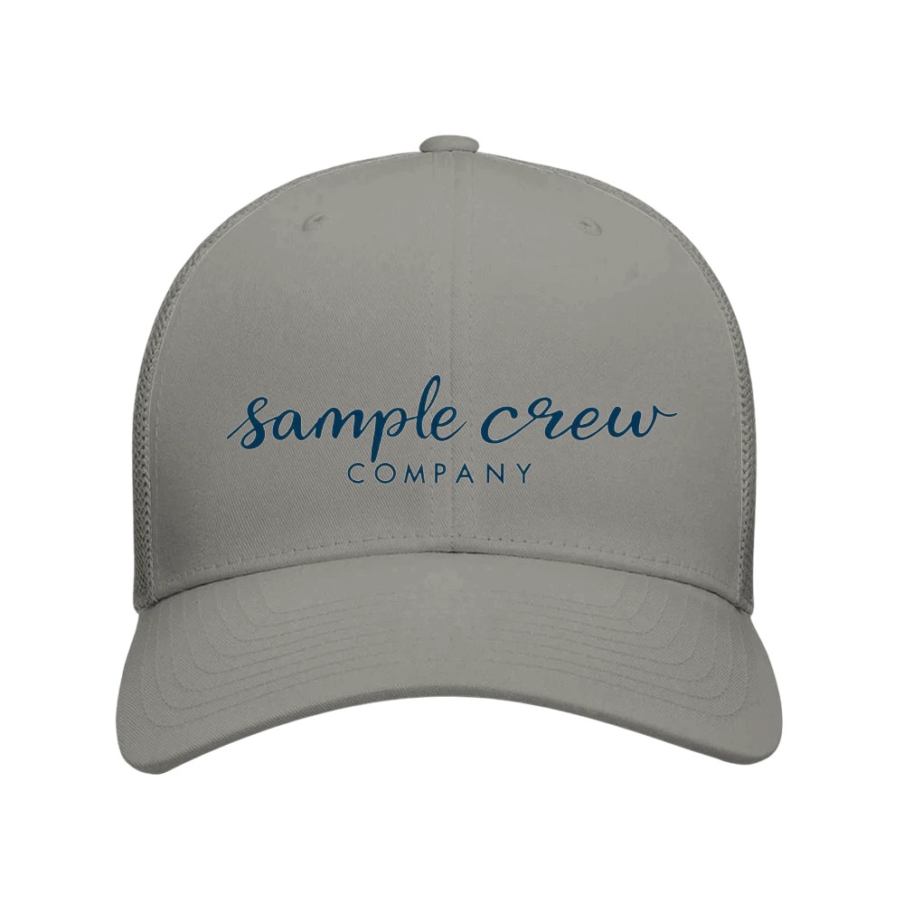 Trucker Hat — grey trucker cap with Sample Crew Company script logo